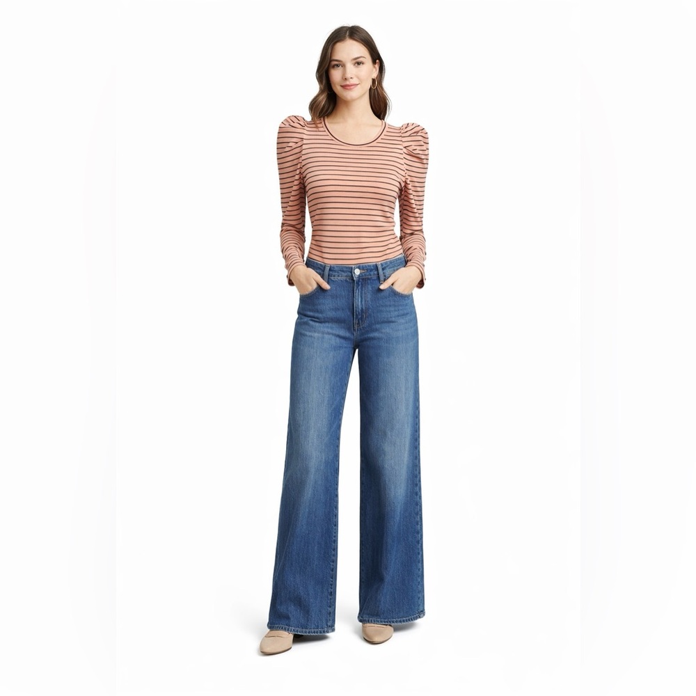 Maeve Anthropologie Classic Cotton Striped Ribbed Puff Sleeve Blouse Size Medium